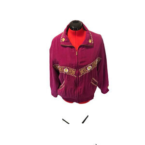 Rhoda Lynne red bomber jacket with embroidery and pockets, size xl